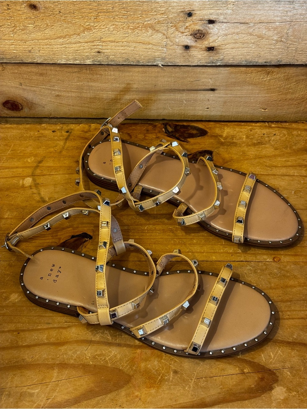 A New Day Women’s Tan Studded Strappy Flat Sandals - Size 8.5